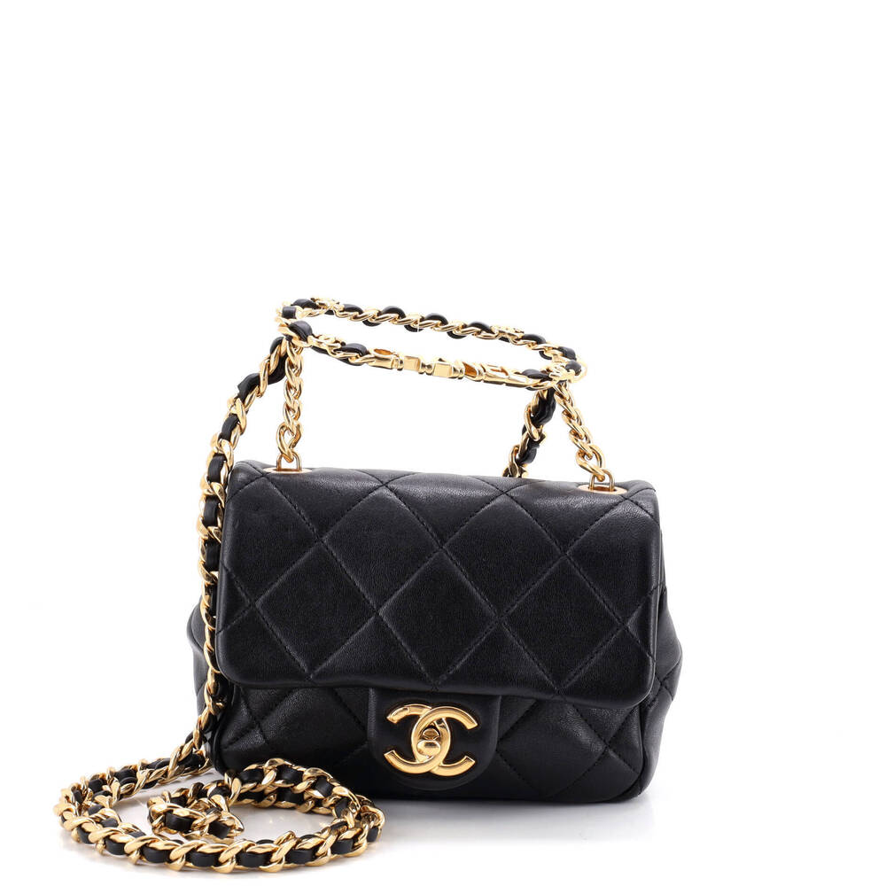 Chanel Mini Oval Logo Chain Handle Flap Bag Quilted Lambskin